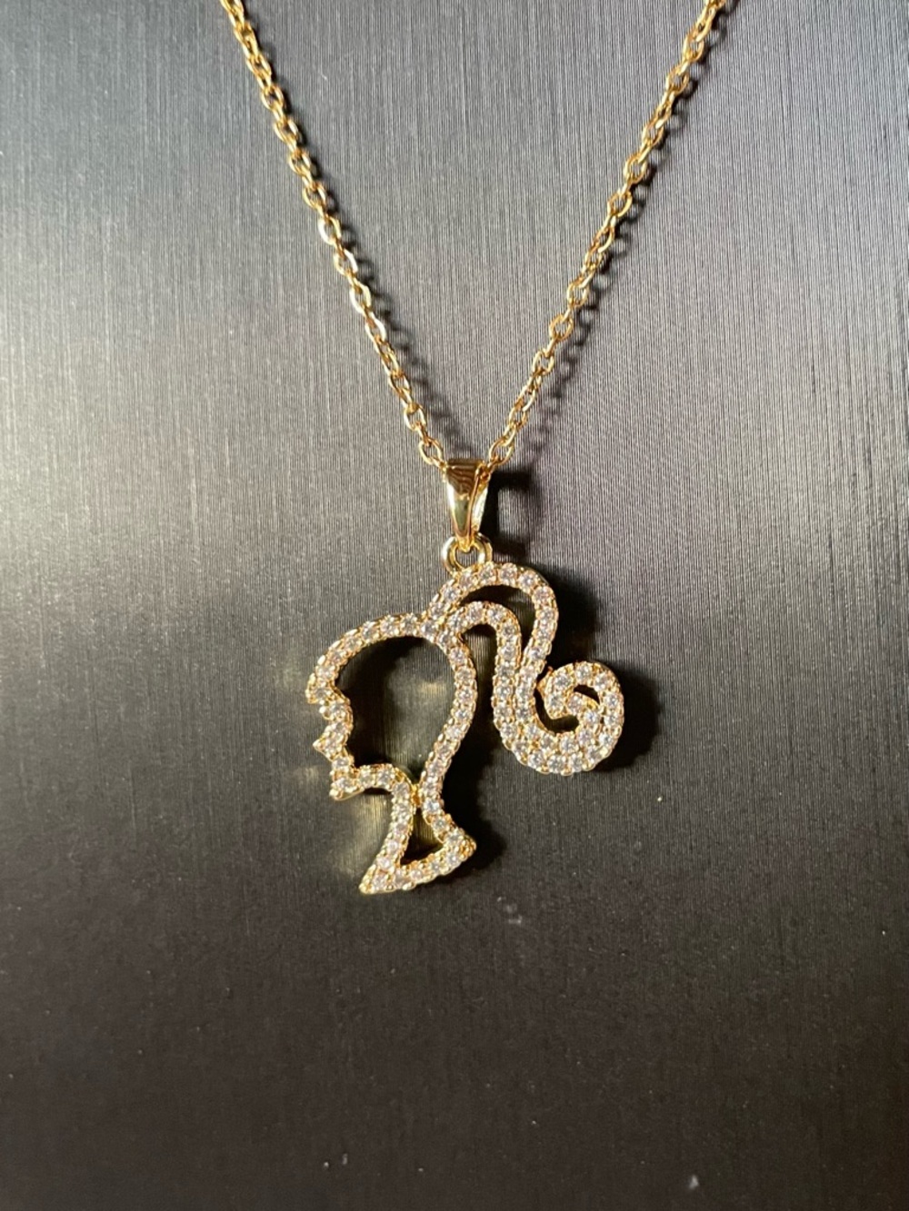 Gold-Tone Rhinestone Barbie Profile Pendant Necklace - Picture 3 of 8